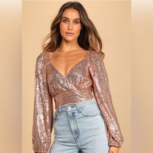 Sequin of Events Blush Sequin Surplice Long Sleeve Crop Top Size L